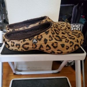Crocs Lined 9 Leopard Womens fur Tan Slip On Comfy Warm Light